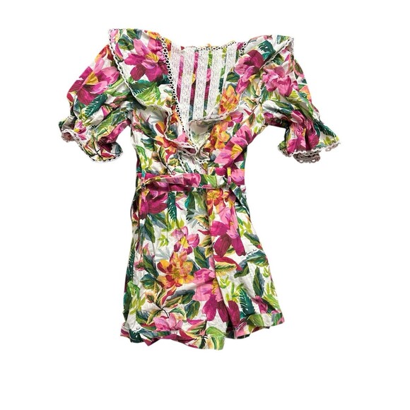 Farm Rio Painted Flowers Romper  Belted Floral Puff Sleeve Size Small New $250 - Picture 7 of 8